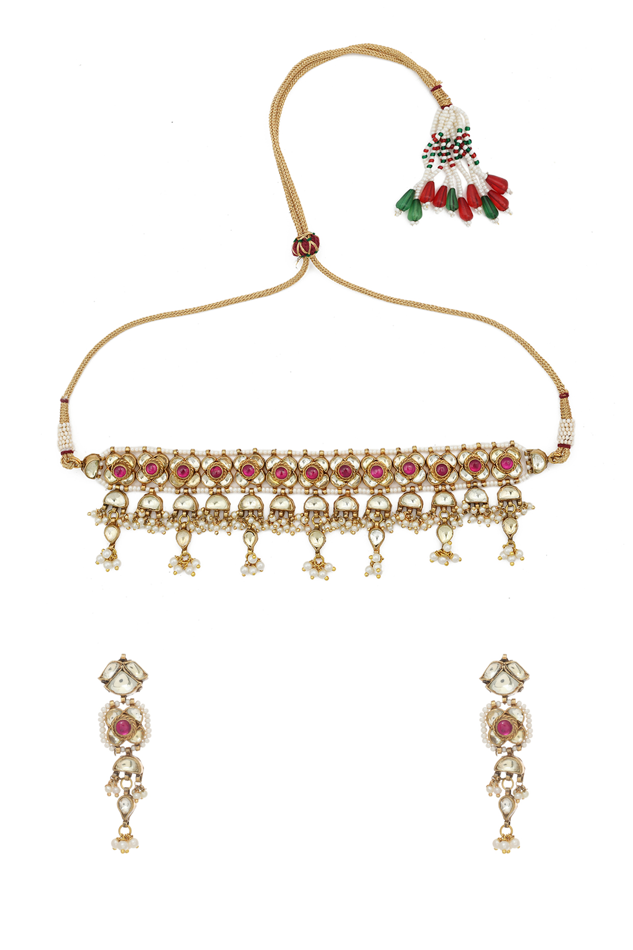 Gold Finish Red Kundan Polki Necklace Set by Maisara Jewelry at Pernia's Pop Up Shop
