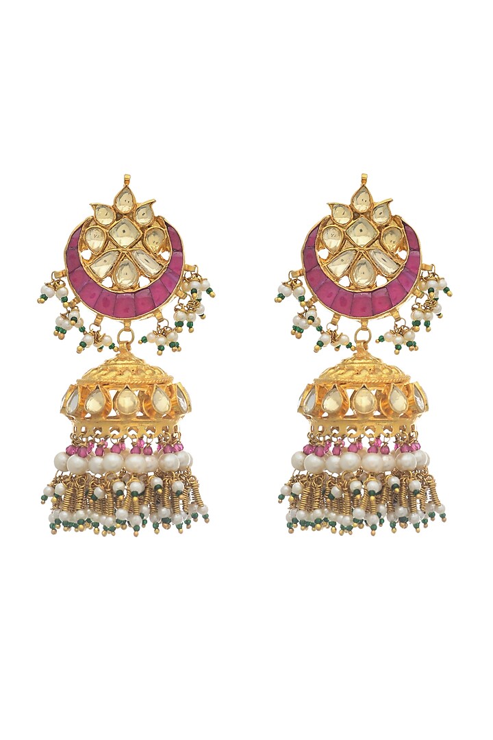 Gold Finish Green Beaded Jhumka Earrings by Maisara Jewelry at Pernia's Pop Up Shop
