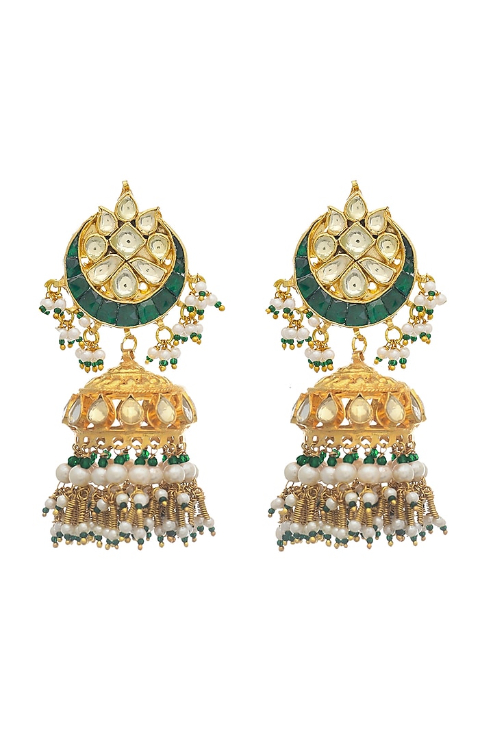 Gold Finish Kundan Polki & Green Beaded Jhumka Earrings by Maisara Jewelry at Pernia's Pop Up Shop