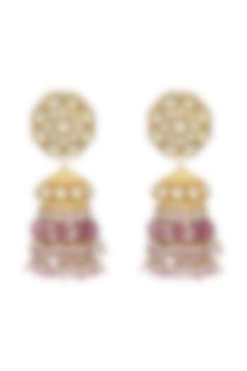 Gold Finish Pink Beaded Jhumka Earrings by Maisara Jewelry