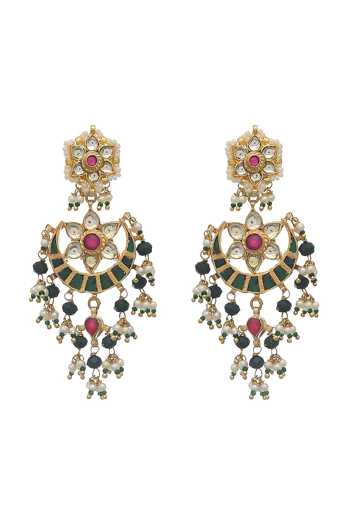 Gold Finish Green Beaded Chandbaali Earrings by Maisara Jewelry at Pernia's Pop Up Shop