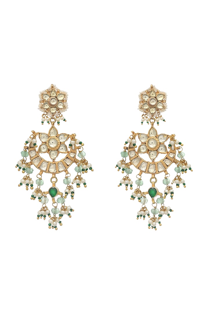 Gold Finish Kundan Polki & Green Beaded Chandbaali Earrings by Maisara Jewelry at Pernia's Pop Up Shop