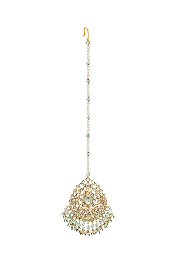Gold Finish Pearl Maangtikka by Maisara Jewelry at Pernia's Pop Up Shop