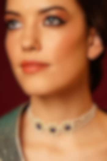 Gold Finish Indigo Pachi Kundan Polki Jadau Choker Necklace by Maisara Jewelry at Pernia's Pop Up Shop