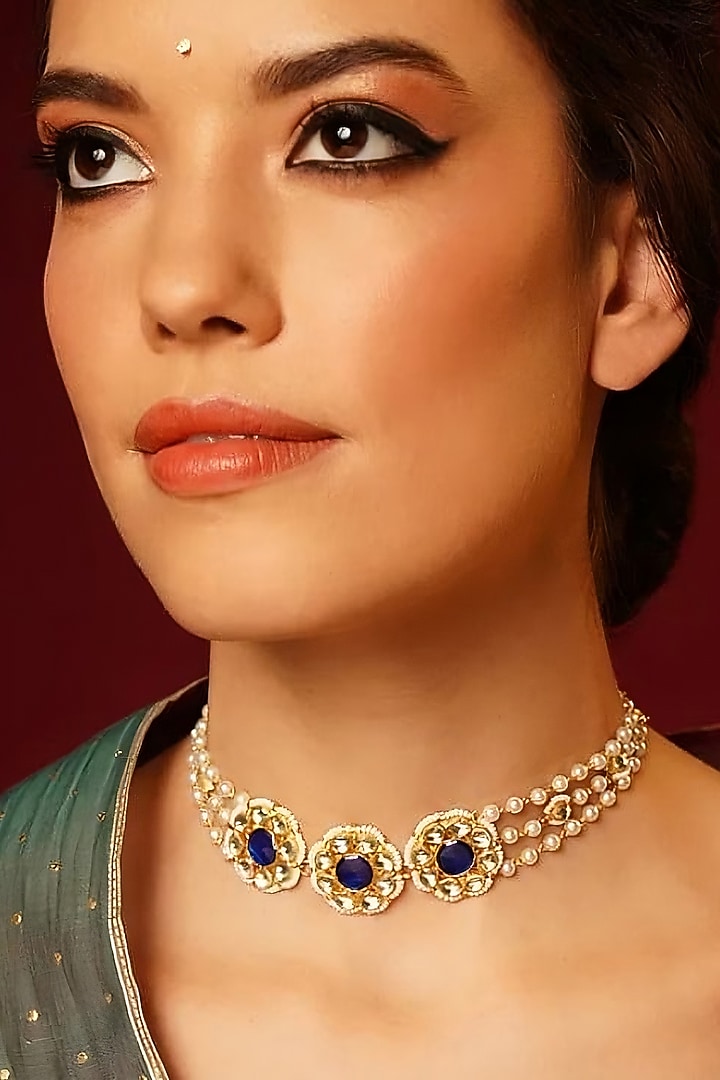 Gold Finish Indigo Pachi Kundan Polki Jadau Choker Necklace by Maisara Jewelry at Pernia's Pop Up Shop