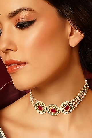 Gold Finish Red Pachi Kundan Polki & Pearl Jadau Choker Necklace by Maisara Jewelry