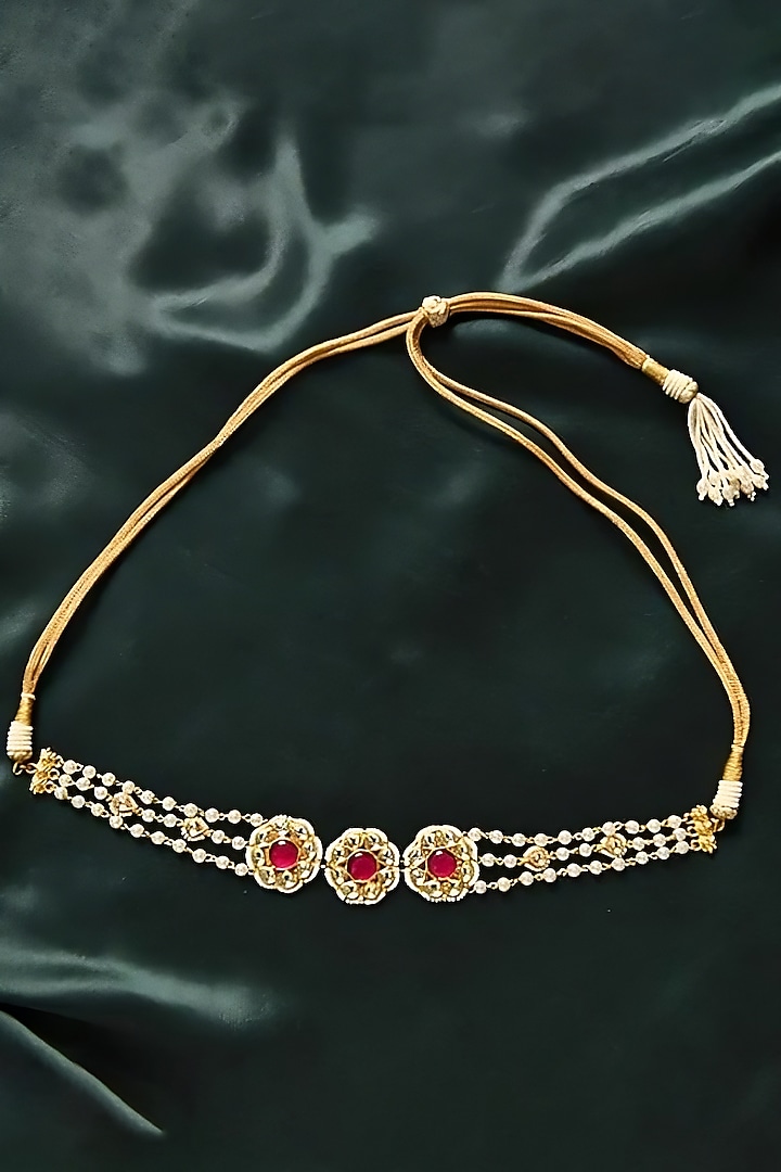 Gold Finish Red Pachi Kundan Polki & Pearl Jadau Choker Necklace by Maisara Jewelry at Pernia's Pop Up Shop