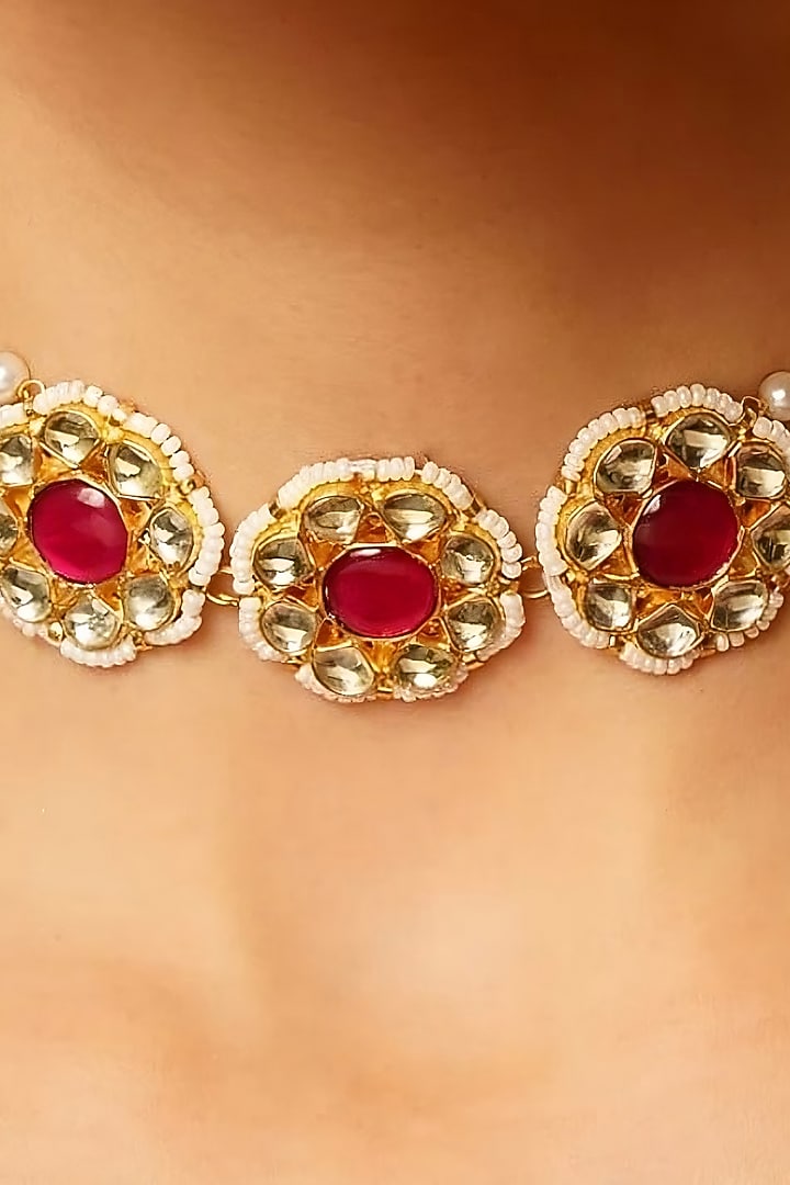 Gold Finish Red Pachi Kundan Polki & Pearl Jadau Choker Necklace by Maisara Jewelry at Pernia's Pop Up Shop