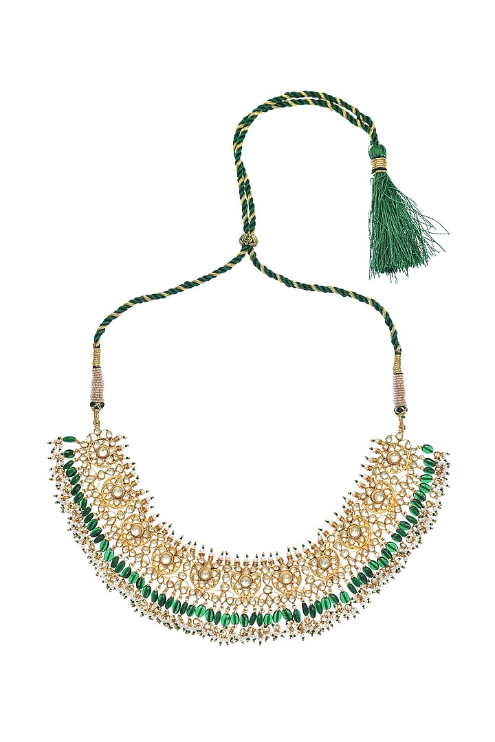 Gold Finish Green Stone Jadau Necklace Set by Maisara Jewelry at Pernia's Pop Up Shop
