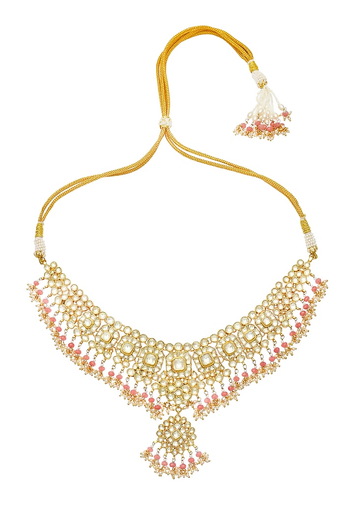 Gold Finish Pink Stone Jadau Necklace Set by Maisara Jewelry at Pernia's Pop Up Shop