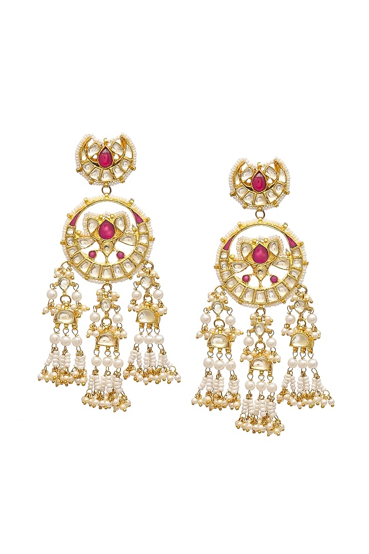 Gold Finish Red Stone Jadau Dangler Earrings by Maisara Jewelry at Pernia's Pop Up Shop