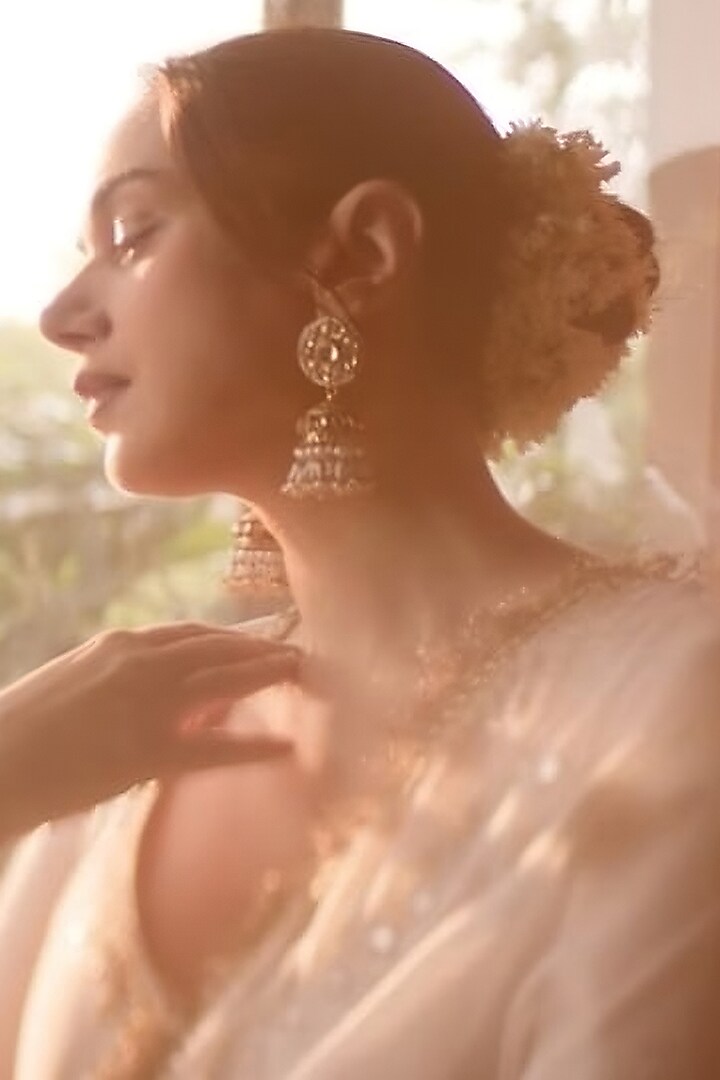 Gold Finish Gold Stone Jadau Jhumka Earrings by Maisara Jewelry at Pernia's Pop Up Shop