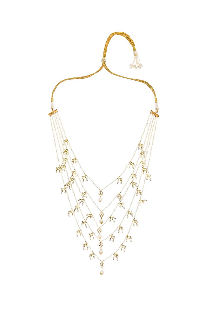 Gold Finish Kundan Polki & Pearl Drop Panchlada Necklace by Maisara Jewelry at Pernia's Pop Up Shop