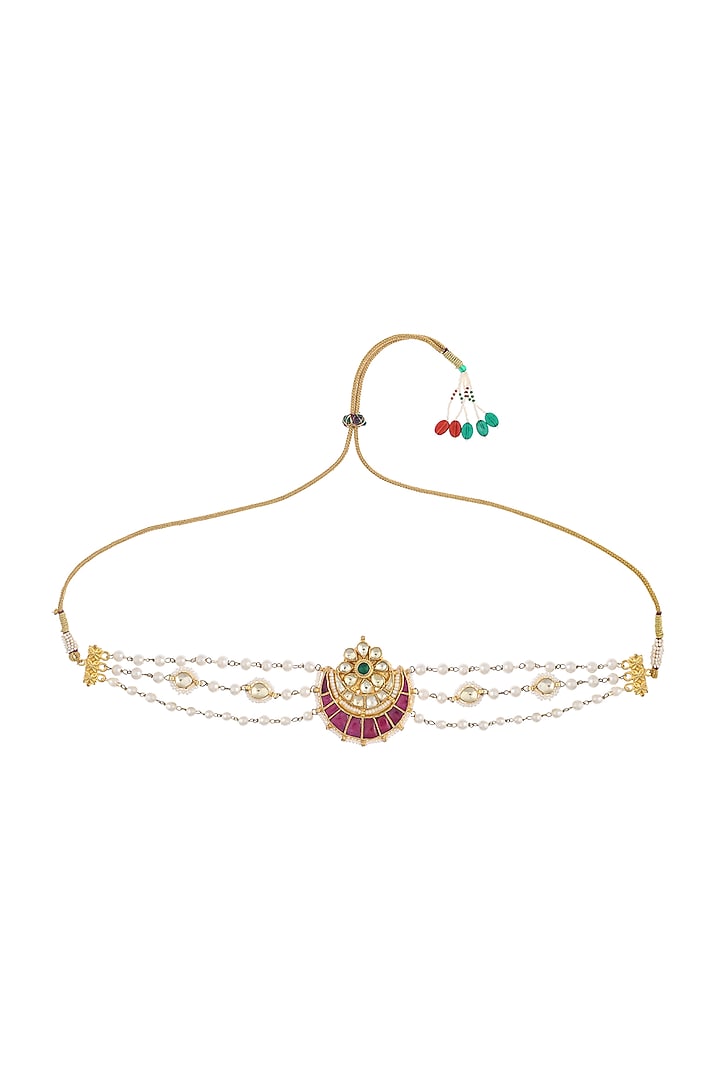 Gold Finish Kundan Polki & Pearl Choker Necklace by Maisara Jewelry at Pernia's Pop Up Shop