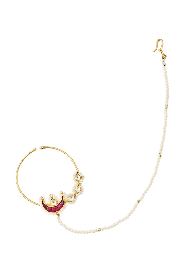 Gold Finish Kundan Polki Nose Ring by Maisara Jewelry
