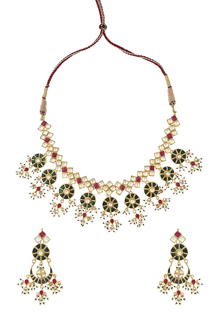 Gold Finish Kundan Polki Necklace Set by Maisara Jewelry