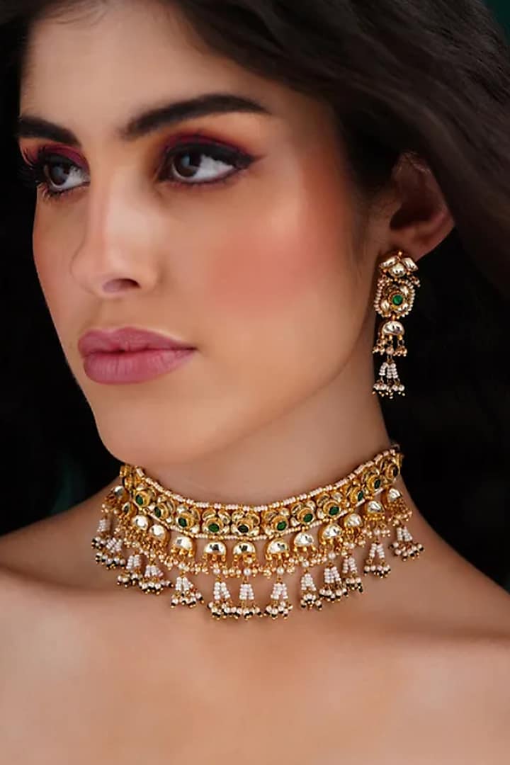 Gold Finish Beaded & Kundan Polki Choker Necklace Set by Maisara Jewelry at Pernia's Pop Up Shop