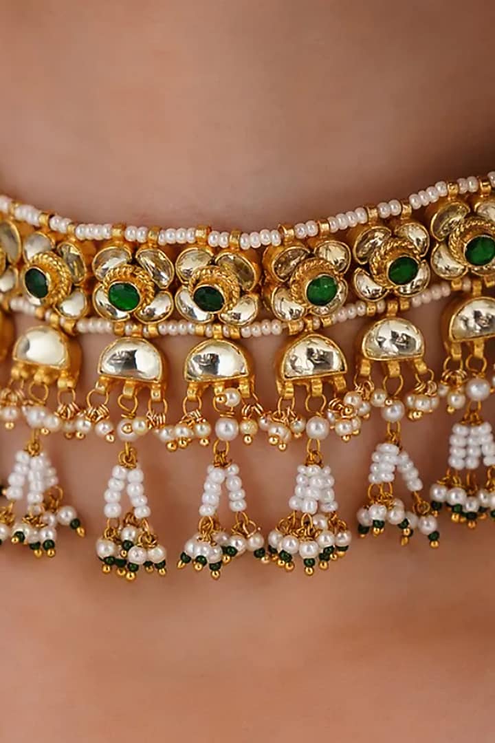 Gold Finish Beaded & Kundan Polki Choker Necklace Set by Maisara Jewelry at Pernia's Pop Up Shop