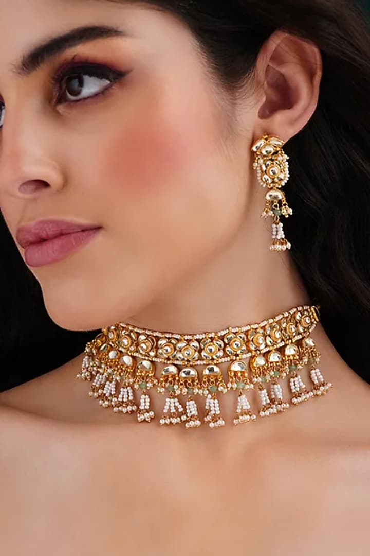 Gold Finish Beaded & Kundan Polki Choker Necklace Set by Maisara Jewelry at Pernia's Pop Up Shop