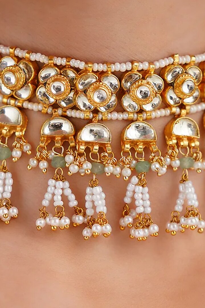 Gold Finish Beaded & Kundan Polki Choker Necklace Set by Maisara Jewelry at Pernia's Pop Up Shop