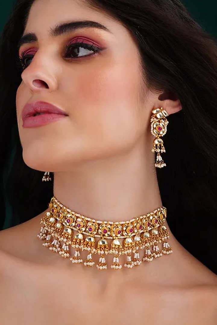 Gold Finish Beaded & Kundan Polki Choker Necklace Set by Maisara Jewelry at Pernia's Pop Up Shop