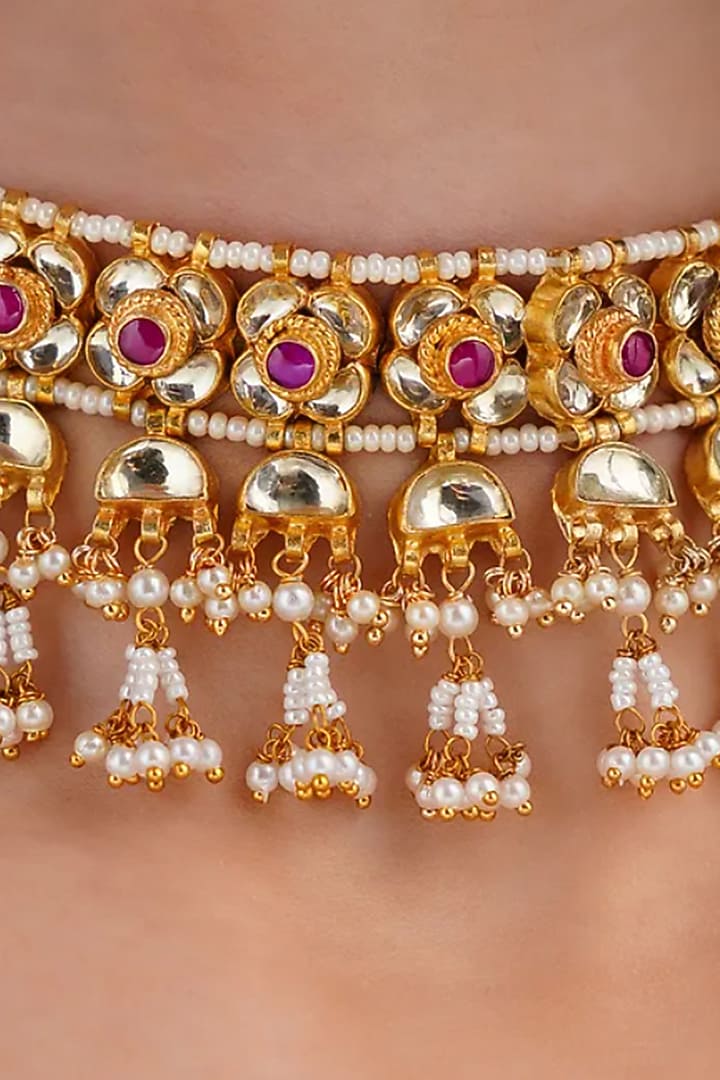 Gold Finish Beaded & Kundan Polki Choker Necklace Set by Maisara Jewelry at Pernia's Pop Up Shop
