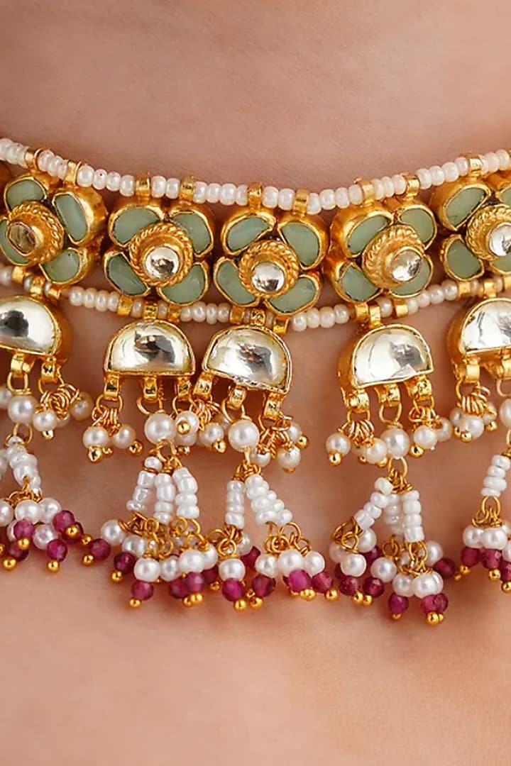 Gold Finish Beaded & Kundan Polki Choker Necklace Set by Maisara Jewelry at Pernia's Pop Up Shop