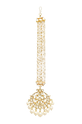 Gold Finish Jadau Kundan Polki Maangtikka by Maisara Jewelry
