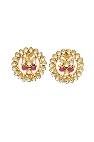 Gold Finish Pachi Kundan Polki & Pearl Lotus Earrings by Maisara Jewelry