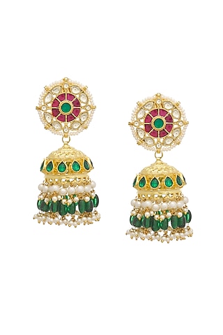Gold Finish Pachi Kundan Polki & Pearl Dangler Earrings by Maisara Jewelry