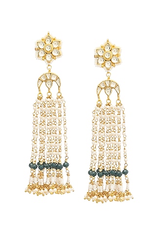 Gold Finish Pachi Kundan Polki & Pearl Dangler Earrings by Maisara Jewelry