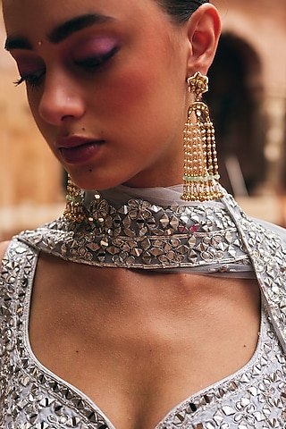 Gold Finish Pachi Kundan Polki & Pearl Dangler Earrings by Maisara Jewelry