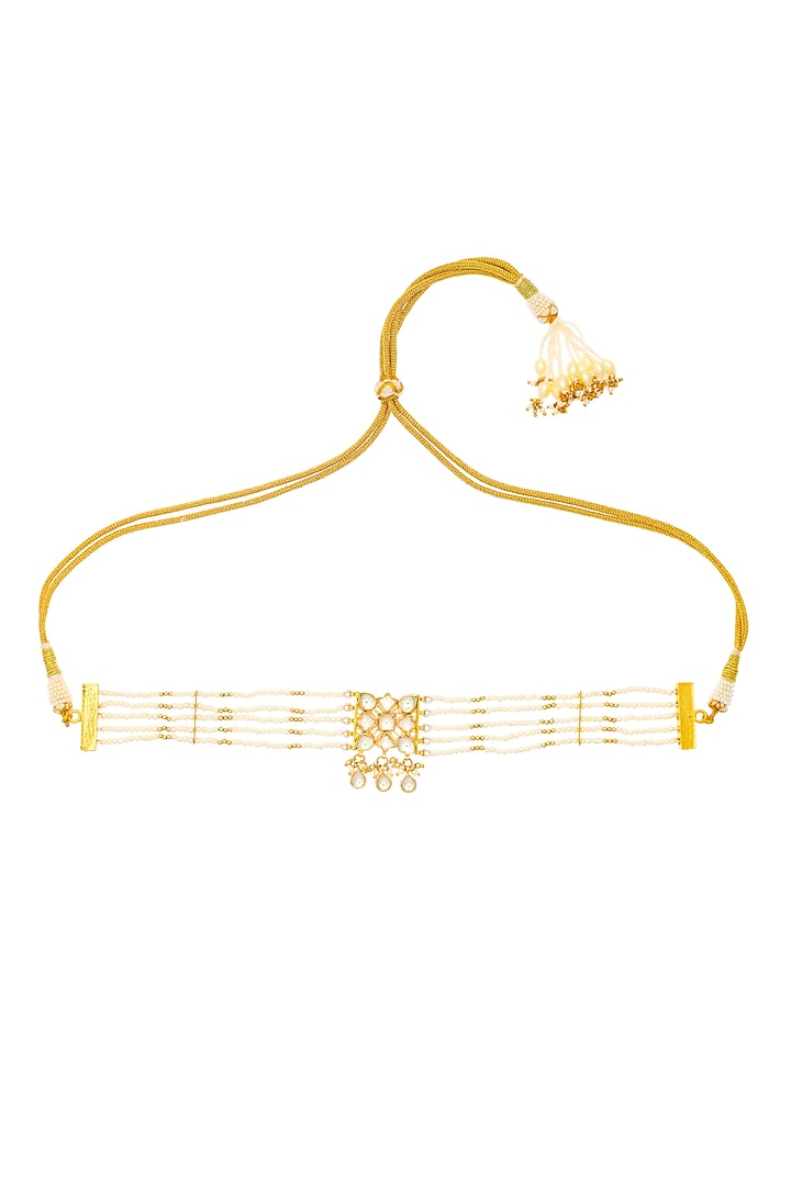 Gold Finish Kundan Polki & Pearl Choker Necklace by Maisara Jewelry at Pernia's Pop Up Shop