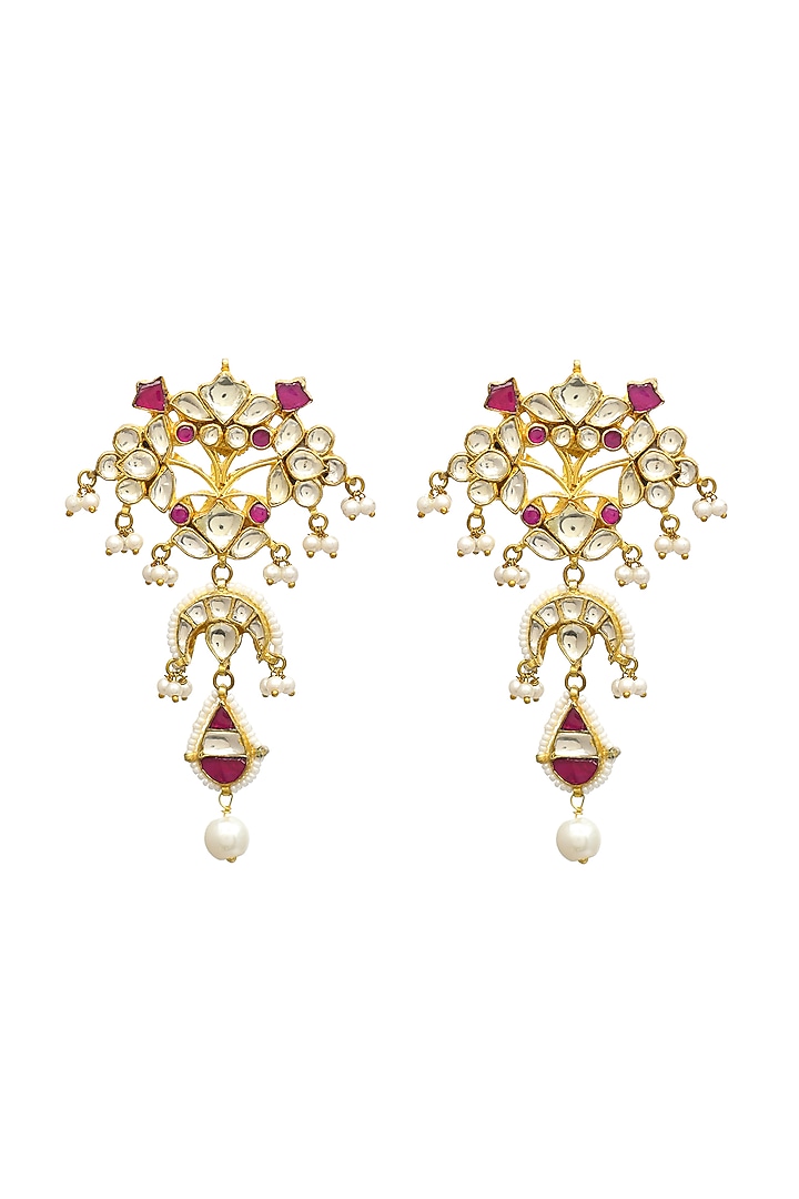Gold Finish Kundan Polki & Pearl Dangler Earrings by Maisara Jewelry at Pernia's Pop Up Shop