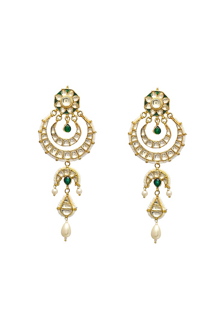 Gold Finish Kundan Polki & Pearl Chandbali Earrings by Maisara Jewelry at Pernia's Pop Up Shop