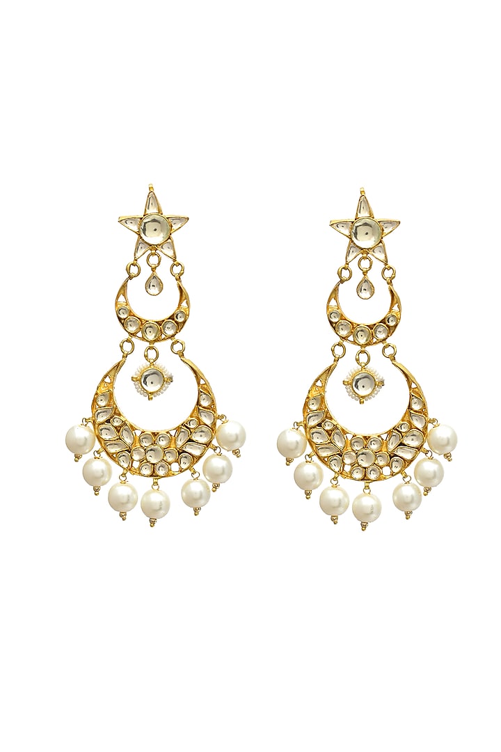 Gold Finish Kundan Polki & Pearl Chandbali Earrings by Maisara Jewelry at Pernia's Pop Up Shop