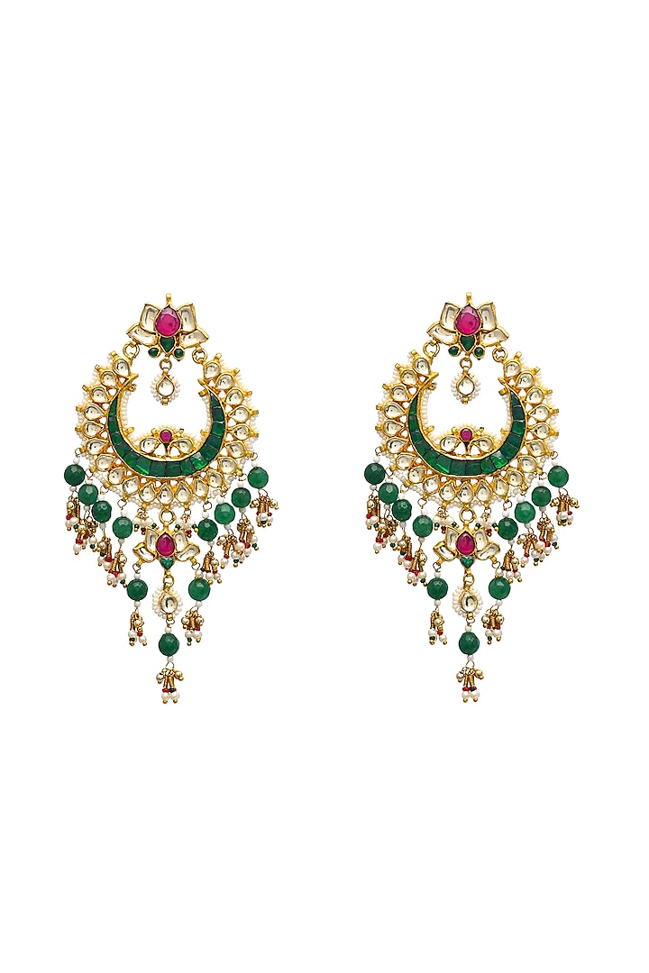 Gold Finish Kundan Polki & Green Onyx Beaded Chandbali Earrings by Maisara Jewelry at Pernia's Pop Up Shop