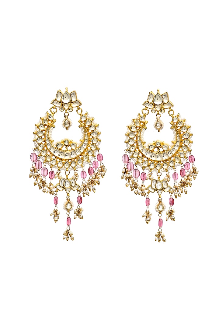 Gold Finish Kundan Polki & Pink Beaded Chandbali Earrings by Maisara Jewelry at Pernia's Pop Up Shop