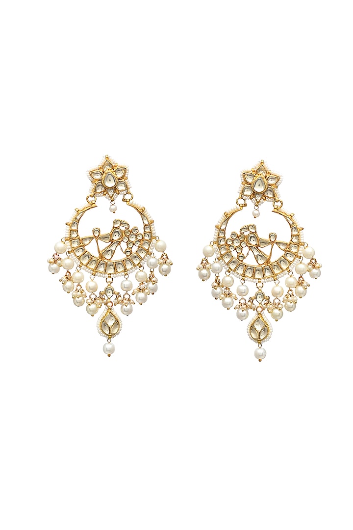 Gold Finish Kundan Polki & Pearl Chandbali Earrings by Maisara Jewelry at Pernia's Pop Up Shop