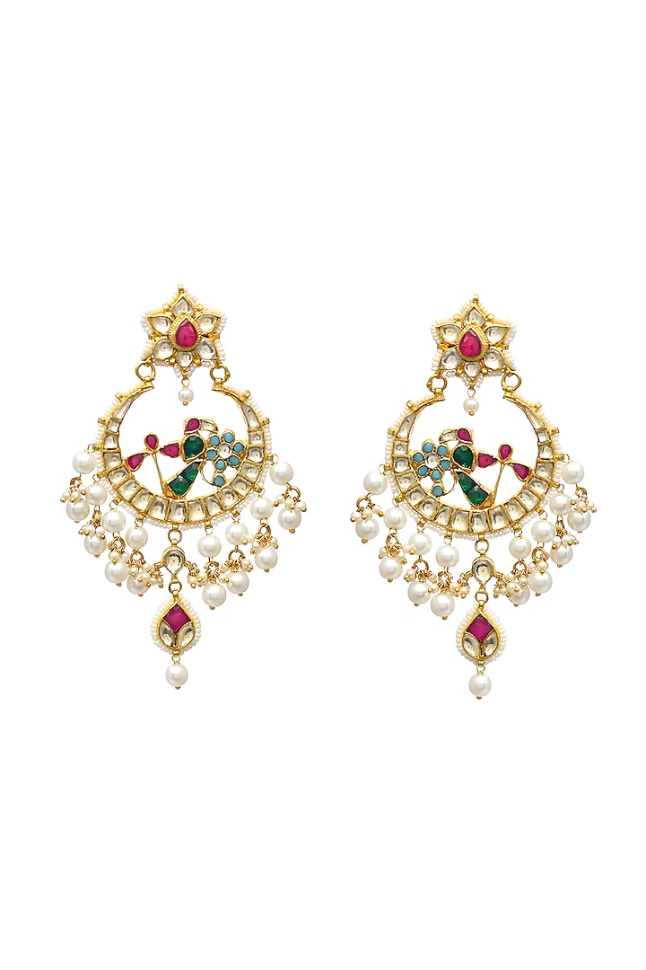 Gold Finish Kundan Polki & Pearl Chandbali Earrings by Maisara Jewelry at Pernia's Pop Up Shop