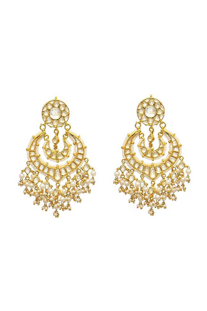 Gold Finish Kundan Polki & Pearl Chandbali Earrings by Maisara Jewelry at Pernia's Pop Up Shop