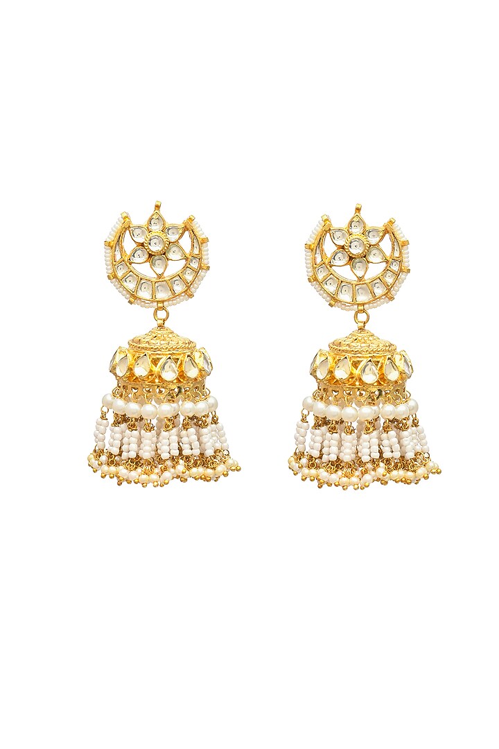 Gold Finish Kundan Polki & Jadau Jhumka Earrings by Maisara Jewelry at Pernia's Pop Up Shop