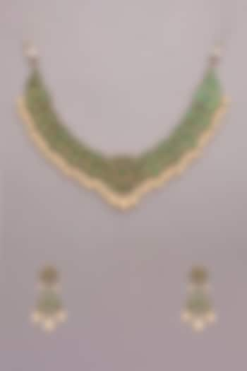 Gold Finish Kundan Polki & Green Jadau Drop Necklace Set by Maisara Jewelry at Pernia's Pop Up Shop