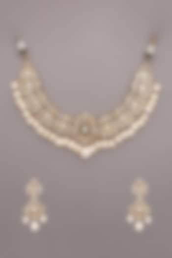 Gold Finish Kundan Polki & Jadau Drop Necklace Set by Maisara Jewelry at Pernia's Pop Up Shop