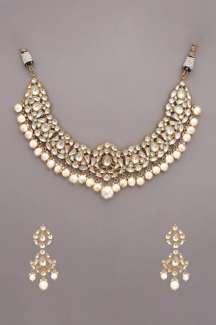 Gold Finish Kundan Polki & Jadau Drop Necklace Set by Maisara Jewelry at Pernia's Pop Up Shop