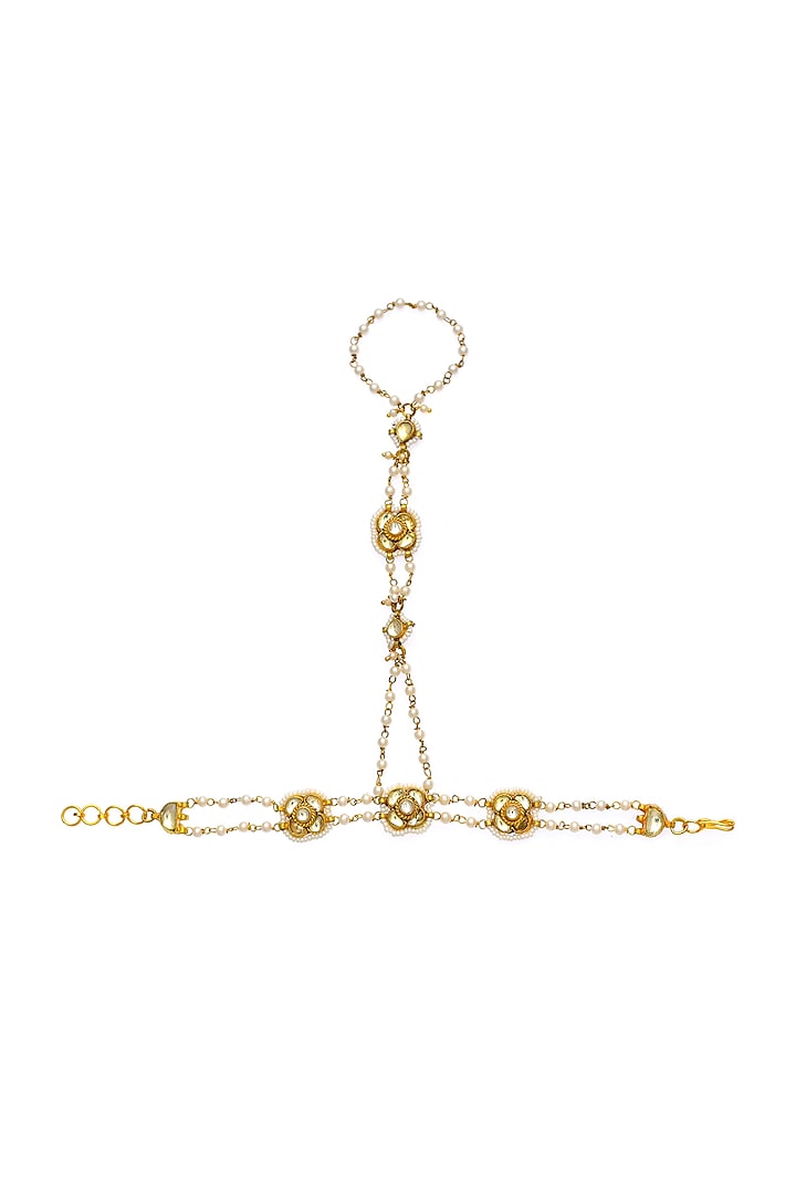 Gold Finish Kundan Polki & Pearl Hathphool (Set Of 2) by Maisara Jewelry at Pernia's Pop Up Shop