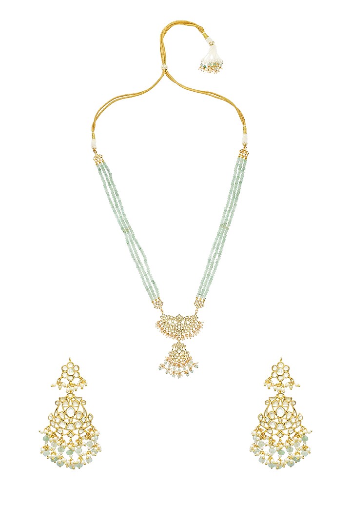 Gold Finish Kundan Polki & Onyx Beaded Handmade Jadau Long Necklace Set by Maisara Jewelry at Pernia's Pop Up Shop