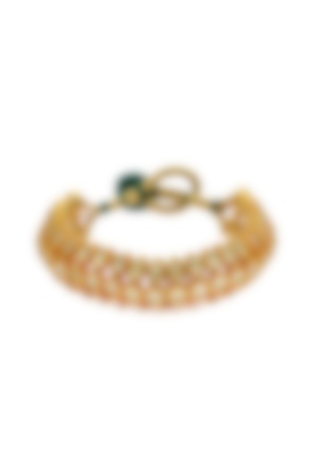 Gold Finish Kundan Polki & Pearl Adjustable Jadau Bangle by Maisara Jewelry at Pernia's Pop Up Shop