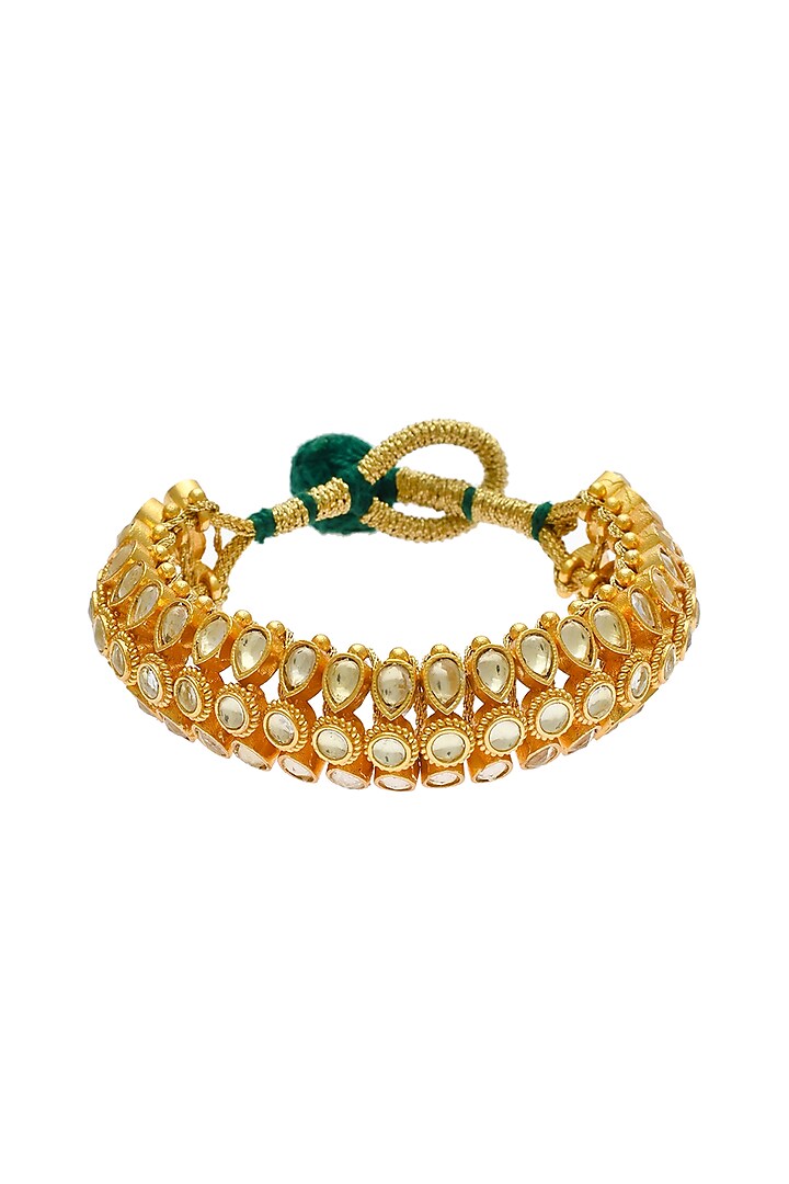 Gold Finish Kundan Polki & Pearl Adjustable Jadau Bangle by Maisara Jewelry at Pernia's Pop Up Shop