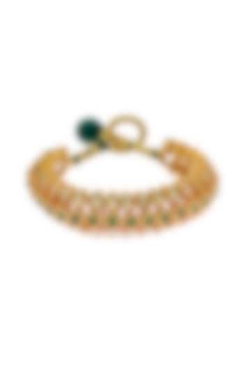 Gold Finish Green Kundan Polki & Pearl Adjustable Jadau Bangle by Maisara Jewelry at Pernia's Pop Up Shop